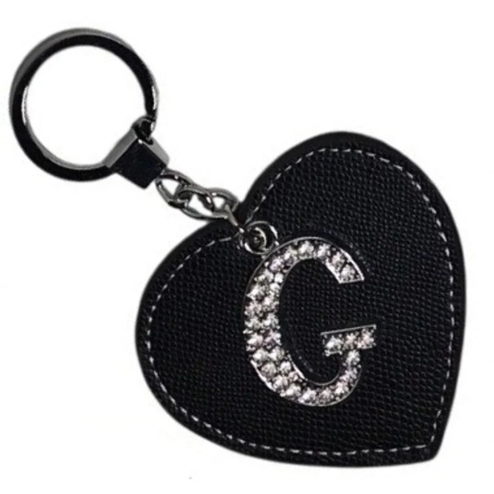 Initial Heart Keychains‎ G Black Silver gem keychain heart faux leather monogram